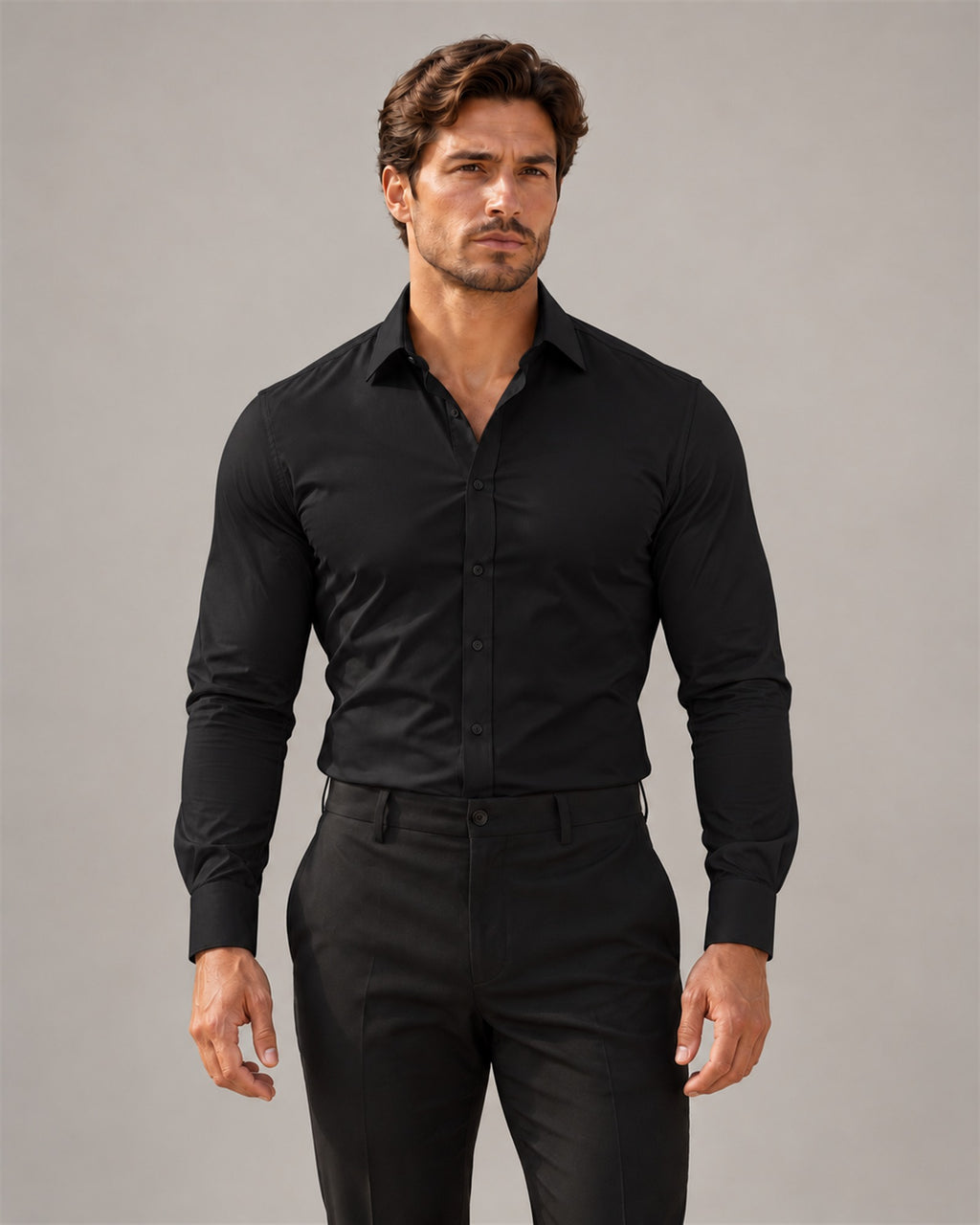 The Everett stretch dress shirt in Onyx Black, front